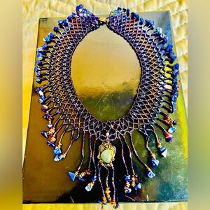 Intricate beadwork choker/collar crafted w/jet beads &lapis lazuli one of a kind